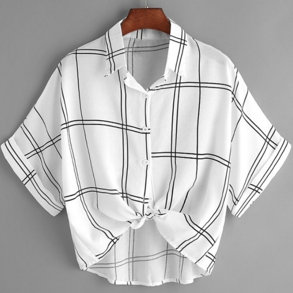 Grid Printed Button Down Tie Shirt